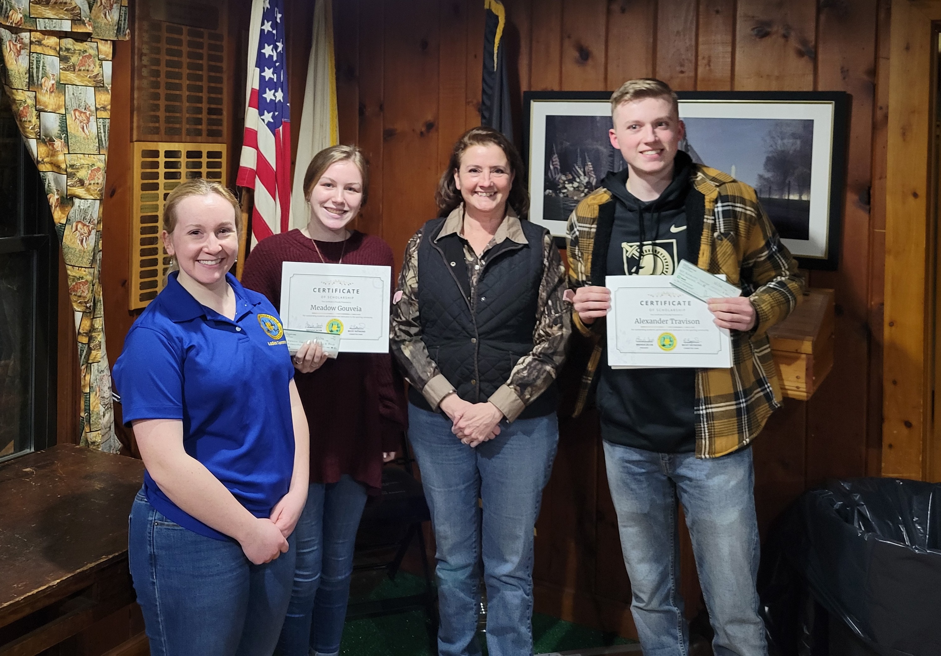 2022 Scholarship Winners (L-R: Chairwoman Becky Raymond, Meadow Gouveia, President Brenda Jacob, Alexander Travison)